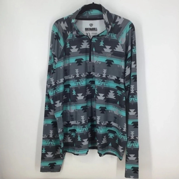Rock & Roll Denim Men’s Turquoise Aztec Print Performance Quarter Zip - Picture 2 of 7